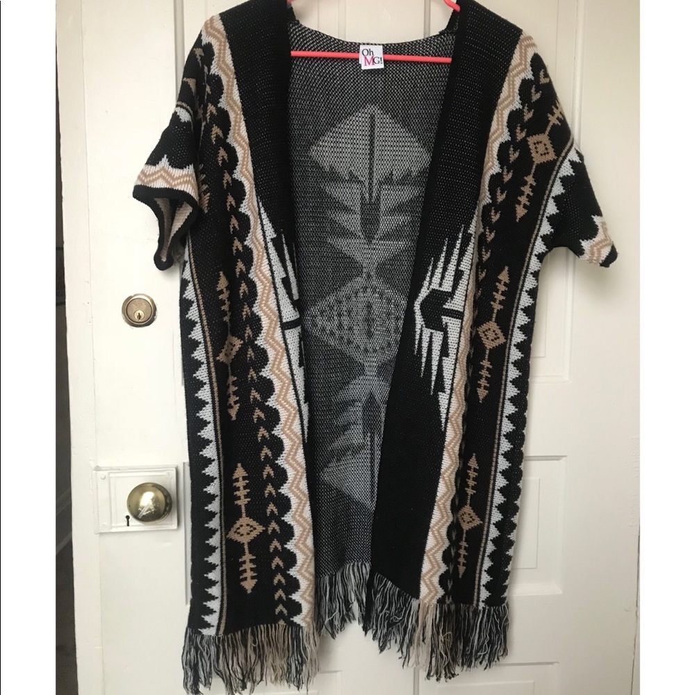 Open front fringe sweater poncho